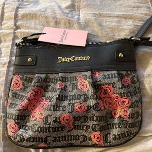 Juicy Couture Black and Pink Crossbody Bag with Floral Design